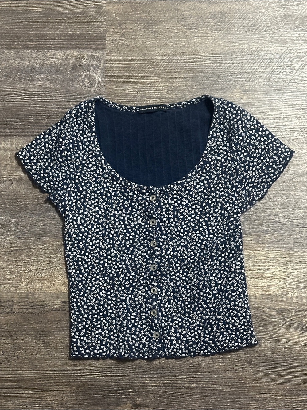 Brandy Melville Navy Blue Floral Button-Up Crop Top